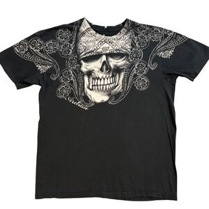 Archaic by affliction Men's Black Skull Bandana Graphic Print T Shirt Large